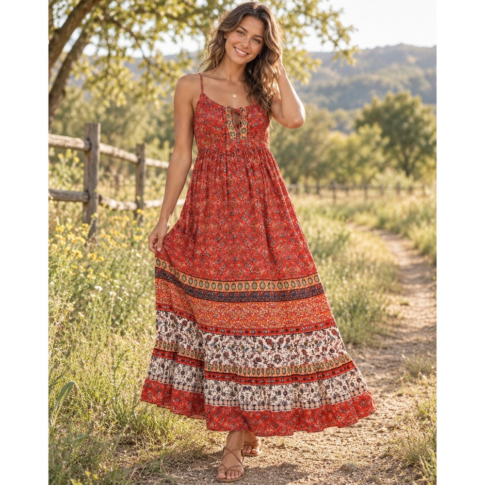 Angie Red Paisley Floral Boho Maxi Dress Smocked Back Tiered Rayon Size Medium